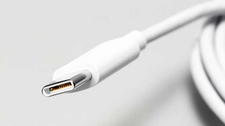White USB Type C connector, on a white background closeup