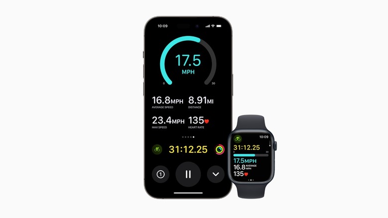 Mockup of an iPhone and Apple Watch showing a cycling workout