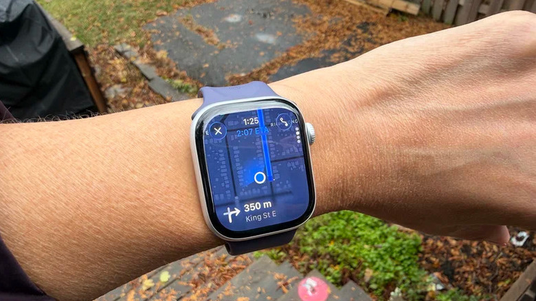 An arm showing Apple Maps on an Apple Watch.