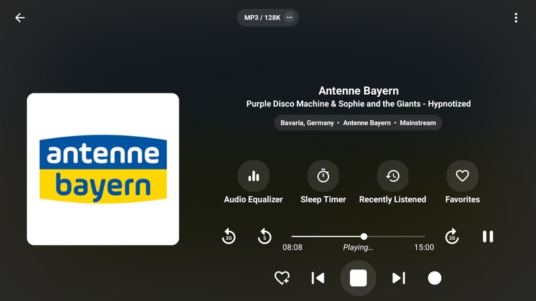 A screenshot showing playback screen on the VRadio app