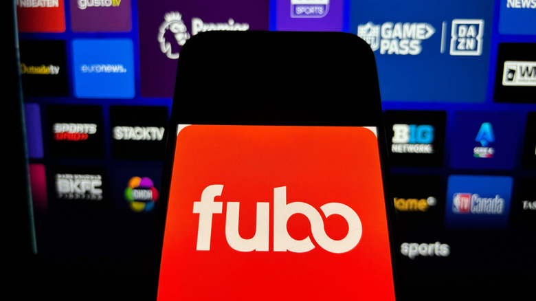 The Fubo logo in front of an assortment of supported channels