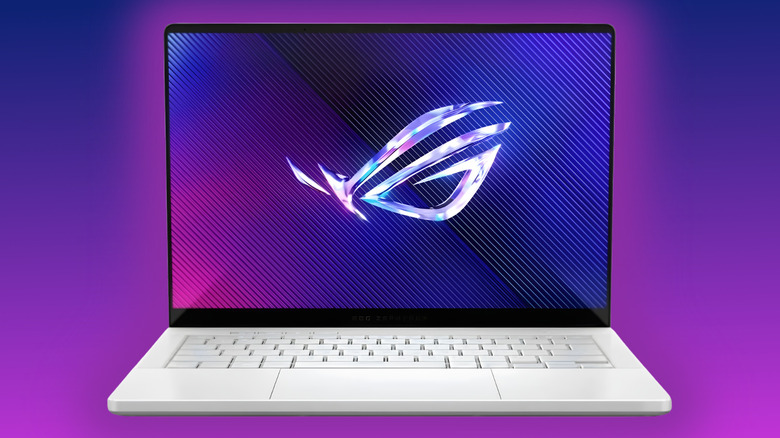 ASUS ROG Zephyrus G14 surrounded by a purple glow on a purple gradient background