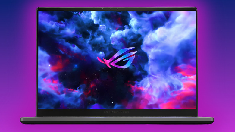 ASUS ROG Zephyrus G16 surrounded by a purple glow on a purple gradient background