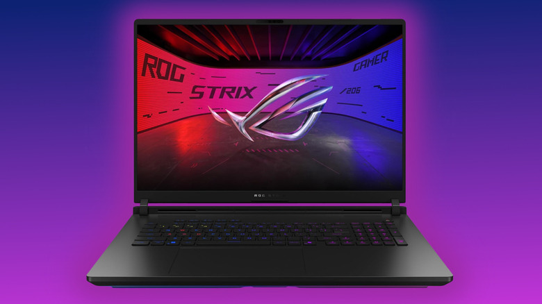 ASUS ROG Strix SCAR 18 surrounded by a purple glow on a purple gradient background