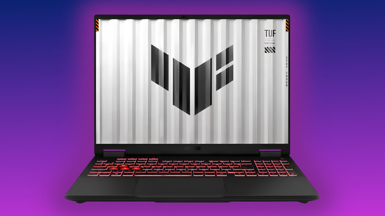 ASUS TUF Gaming A16 surrounded by a purple glow on a purple gradient background
