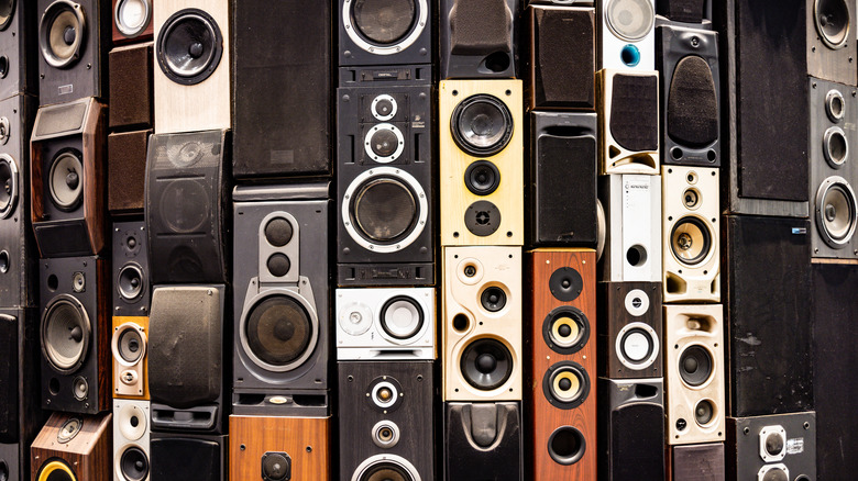 A series of vintage speakers stacked