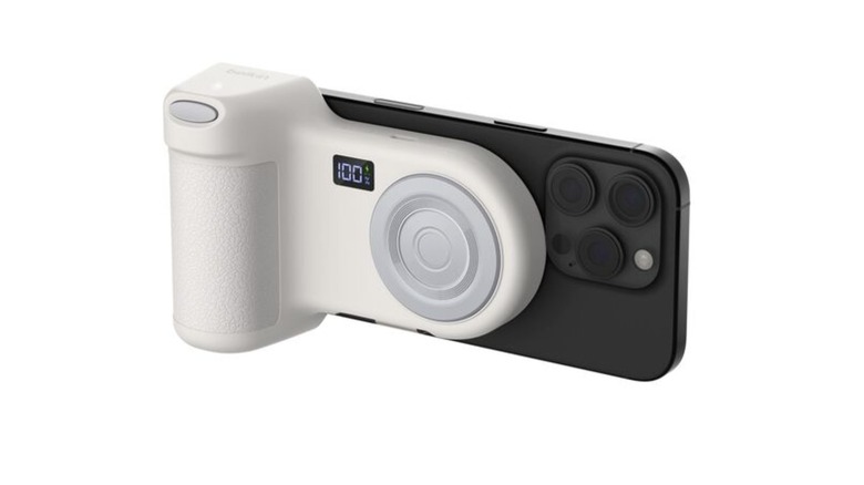 Belkin Stage PowerGrip Magnetic Charging Camera Grip attached to an iPhone.