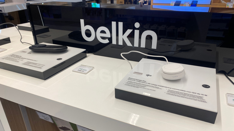 Belkin charging accessories displayed on a retail store shelf.