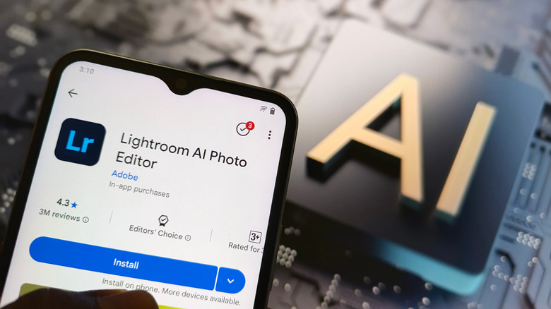 A smartphone showing the app store listing for Adobe Lightroom mobile