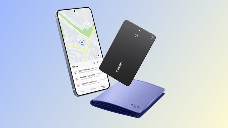 The Ugreen FineTrack Slim S next to a wallet and a phone against a gradient background