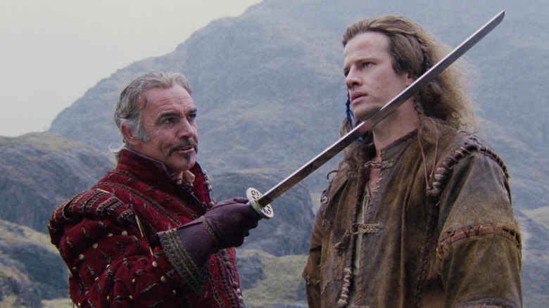 Juan Sánchez-Villalobos Ramírez (Sean Connery) holding a sword to Connor MacLeod's (Christopher Lambert) neck in Highlander
