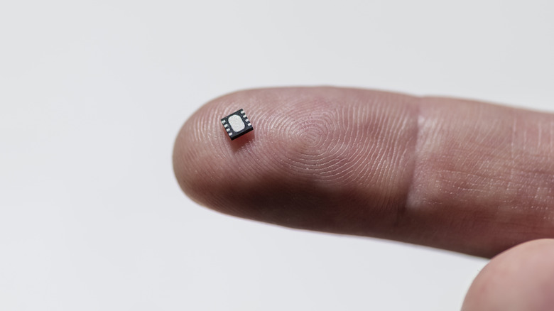 A microchip placed on top of a finger