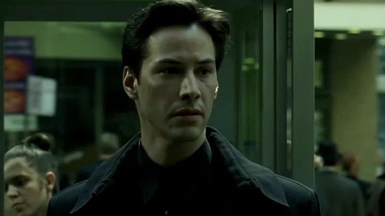 Neo looking surprised in the Matrix