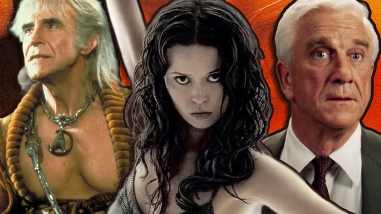 Khan, River, and Frank Drebin side by side