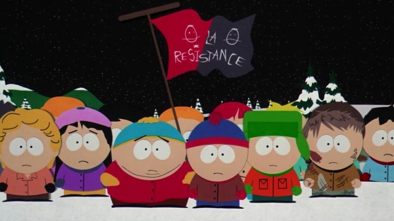 The "South Park" kids waving a flag that says Viva La Resistance