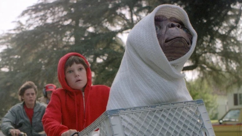Elliot (Henry Thomas) riding his bike with ET in the basket in E.T The Extra-Terrestrial