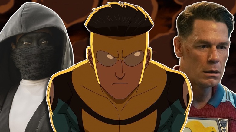 Sister Night from Watchmen, Invincible from Invincible and Peacemaker from Peacemaker side by side