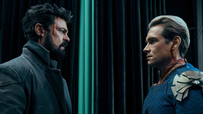 Billy Butcher (Karl Urban) facing off against Homelander (Antony Starr) in The Boys