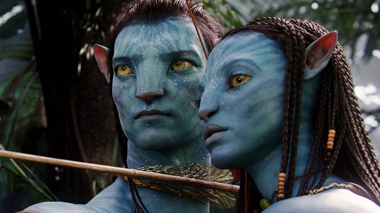 Jake Sully and Neytiri looking down an arrow shaft in Avatar