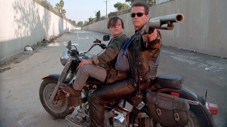 John Connor (Edward Furlong) and the T-800 (Arnold Schwarzenegger) on the Harley Davidson in Terminator 2: Judgment Day