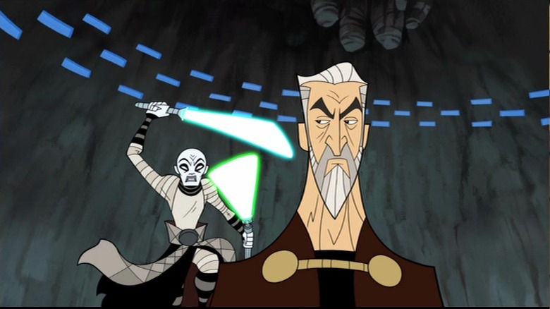 Asajj Ventress charging at Count Dooku with two lightsabers