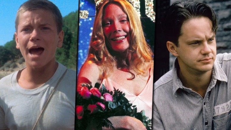River Phoenix in Stand By Me, Sissy Spacek from Carrie and Tim Robbins in The Shawshank Redemption side by side