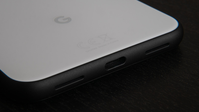 A USB-C port on a Google Pixel smartphone