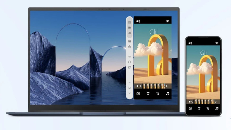 An Android phone projecting its display to a laptop using the GlideX app