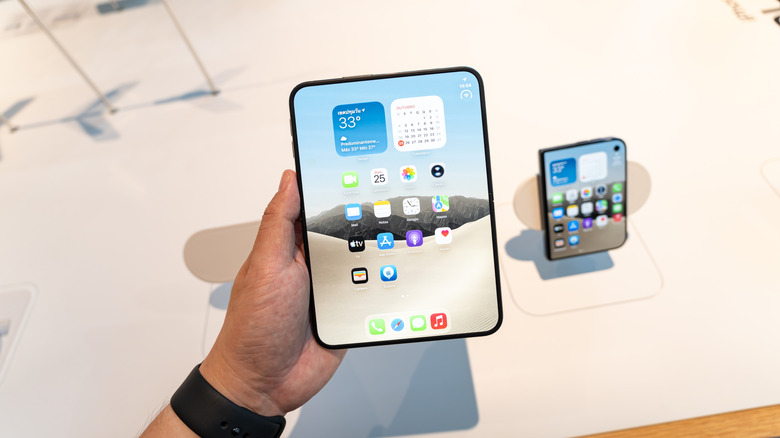 A person holding the Apple iPhone Duo in vertical orientation