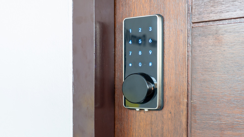 A smart lock installed on a front door