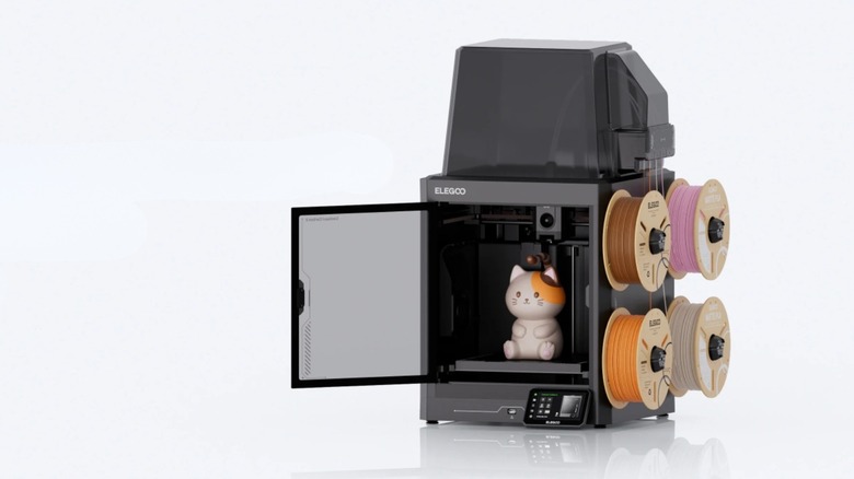 Elegoo Centauri Carbon 2 showing a completed multicolor print of a cartoon cat
