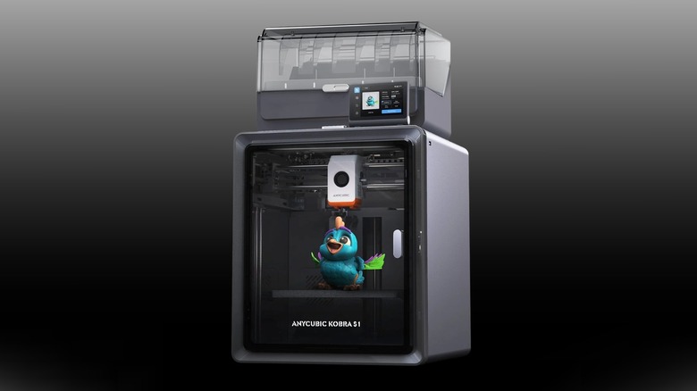 Front profile of the Anycubic Kobra S1 Combo on a black to white gradient background