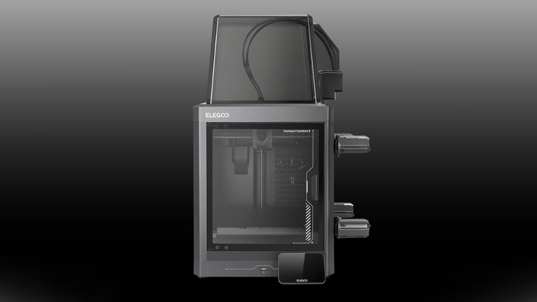 Front profile of the Elegoo Centauri Carbon 2 Combo on a black to white gradient background