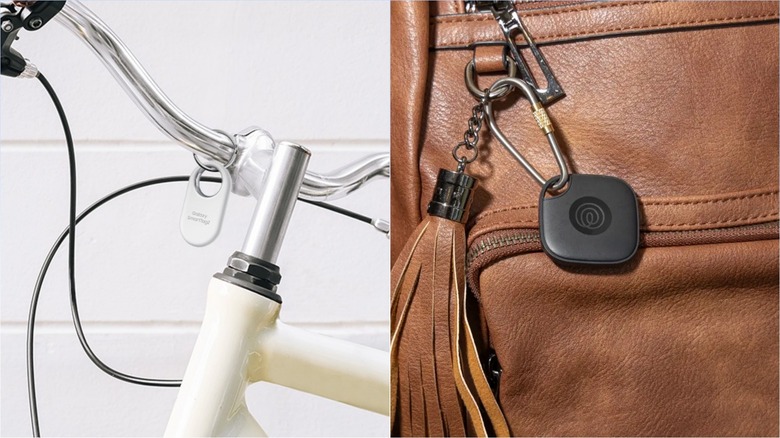 A collage showing the Samsung SmartTag 2 and the Tile Mate Bluetooth trackers