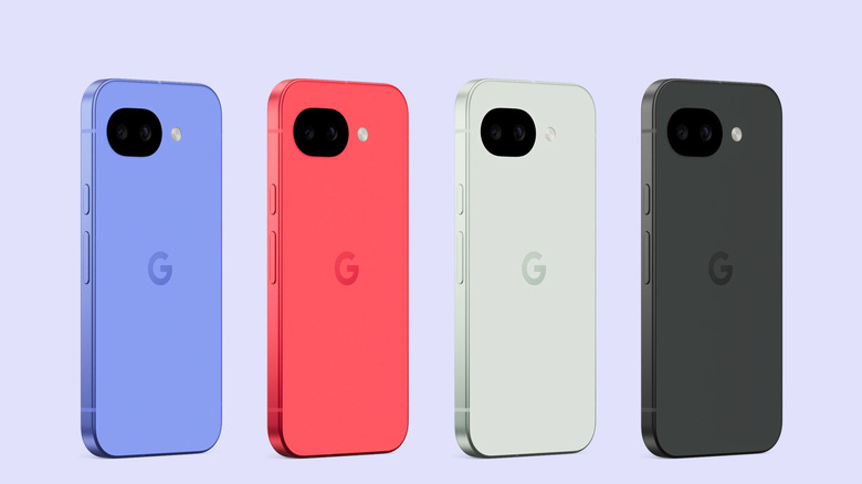 Rear view of the Google Pixel 10a in four color options.