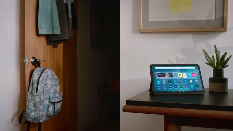 The Amazon Fire HD 10 on a desk.