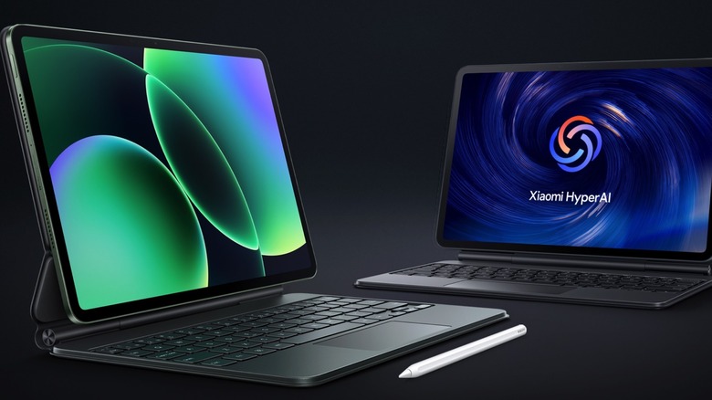 Xiaomi Pad 8 tablets with keyboard and stylus accessories.