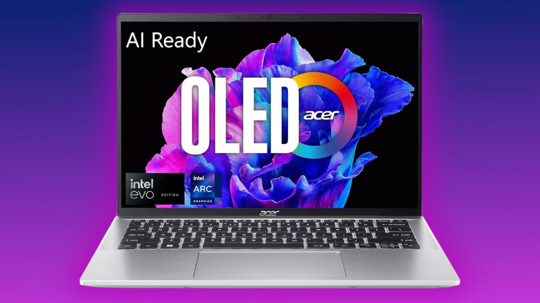 Acer Swift Go 14 AI on a purple gradient background