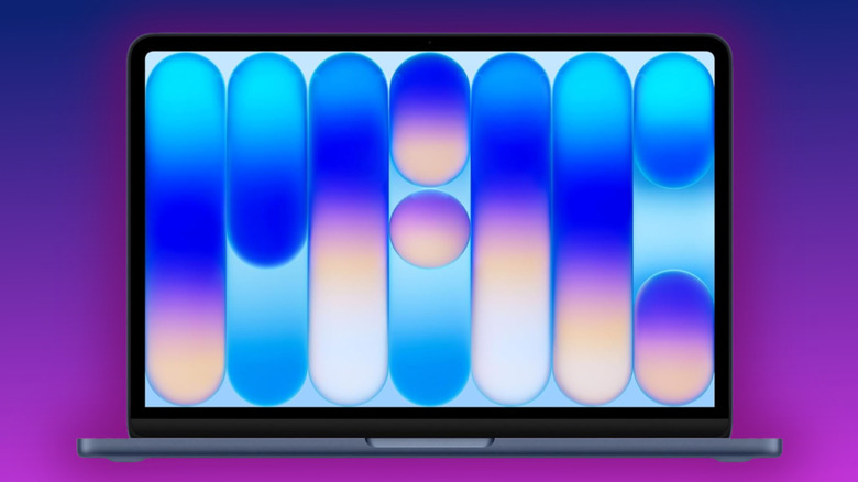 MacBook Neo on a purple gradient background