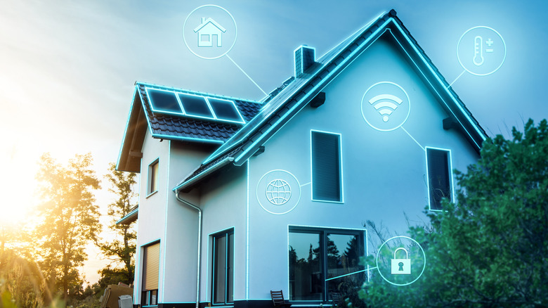 An illustration showing the exterior of a home with technology icons