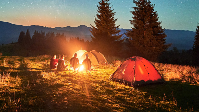 Group of people seated around a campfire