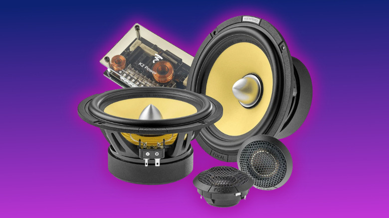 Focal Mobile ES 165 KX2E 6.5" K2 EVO 2-Way Component Speaker Kit with FRAK Tweeters & Compact Crossovers on a purple gradient background