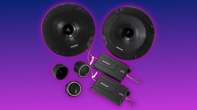 KICKER 46CSS654 CS-Series CSS65 6.5-Inch (160mm) Component System with .75-inch tweeters, 4-Ohm (Pair) on a purple gradient background