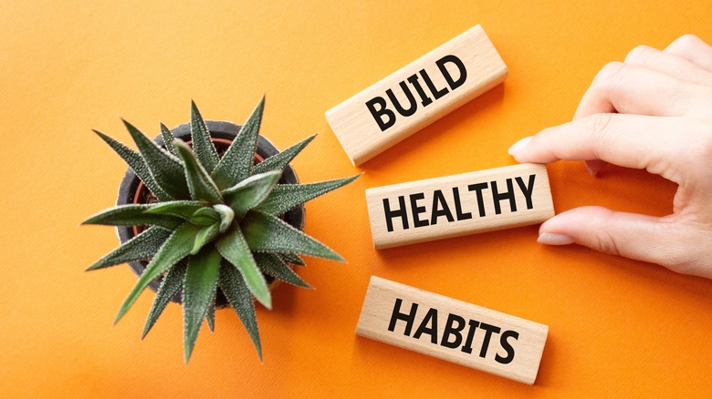 three wooden blocks with the text build healthy habits