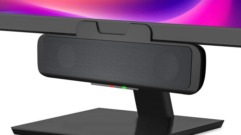 A Cyber Acoustics CA-2890 Speaker Bar mounted to the bottom of a monitor