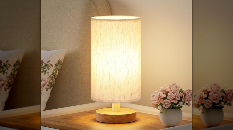An Fenmzee Bedside Table Lamp illuminated on a table.