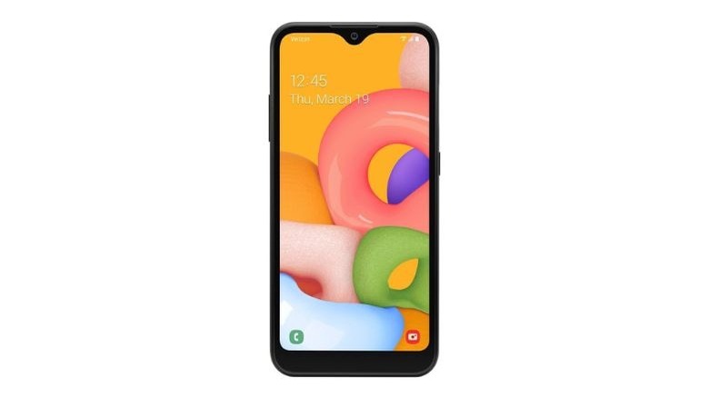 The Samsung Galaxy A01 smartphone is shown from the front.