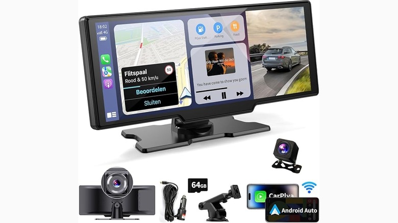 An Amazon image of the Kuayvan Wireless Portable Car Screen and it's many accessories including a backup camera and a dashboard camera