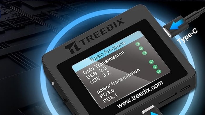 The Treedix USB tester on a stylized background with information on the screen and cables plugged in