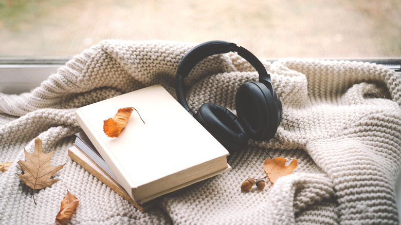 A pair of black headphones sit next to a book, both are laying atop a blanket near a windowsill, there are some leaves on the blanket, as well